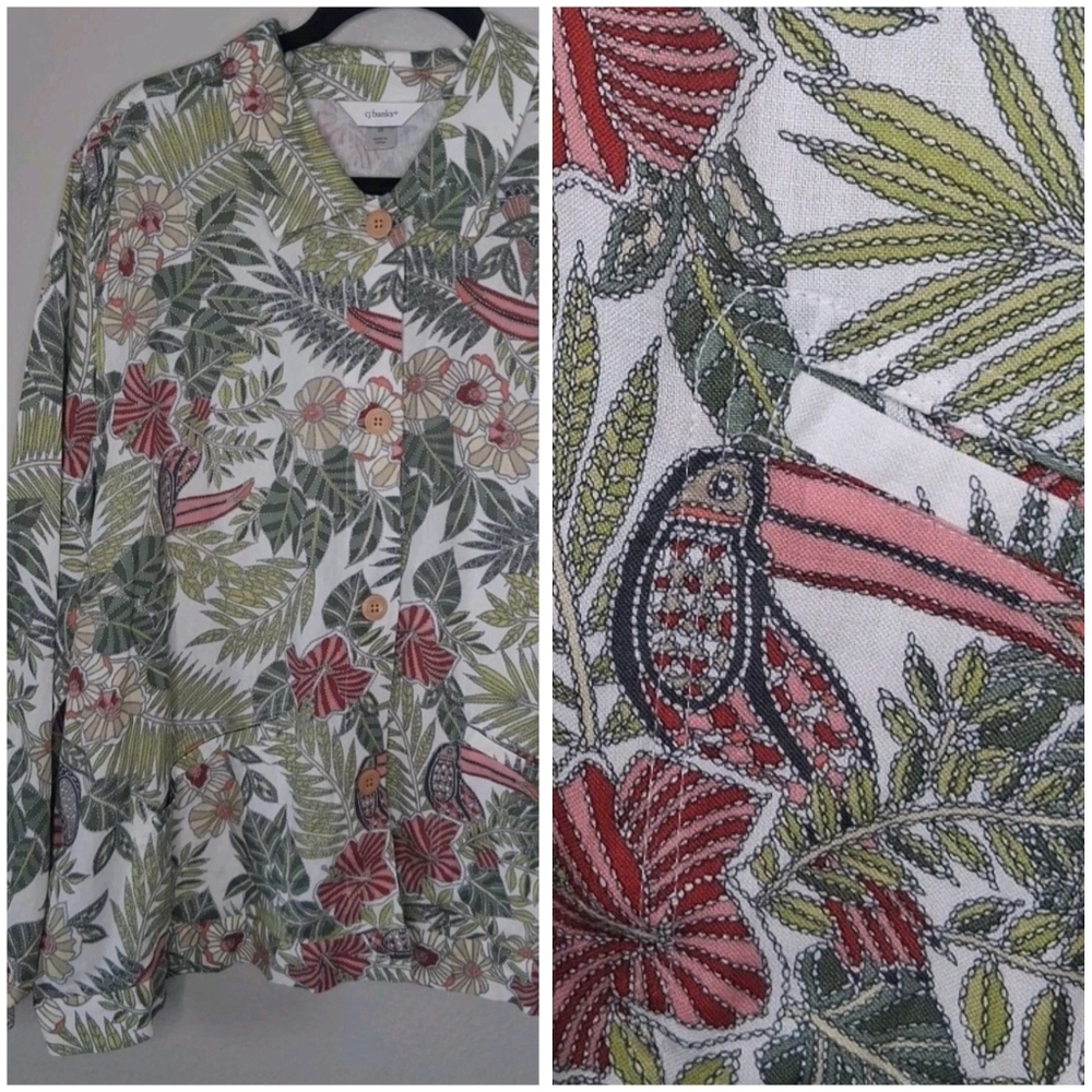 Christopher & Banks Linen Rayon Jacket Womens Toucan Bird Palm Print Tropical 2X